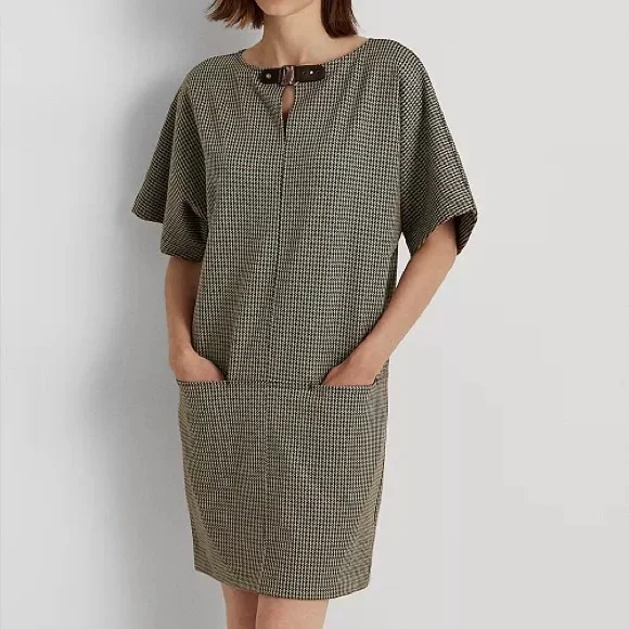LAUREN RALPH LAUREN NWT Buckle Trim Houndstooth Jacquard Shift Dress Size Medium - Picture 4 of 15